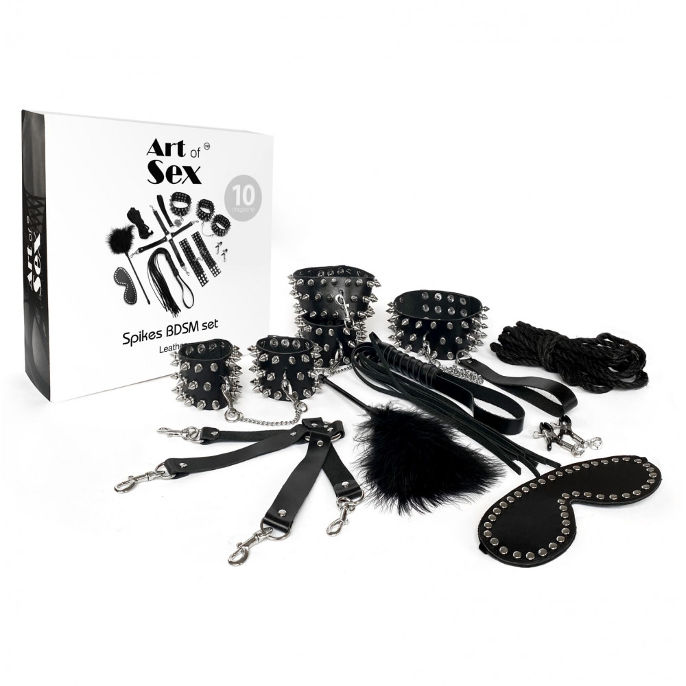 Наборы для БДСМ - Набор Art of Sex - Spikes BDSM Set Leather, 10 предметов, натуральная кожа, Черный 2