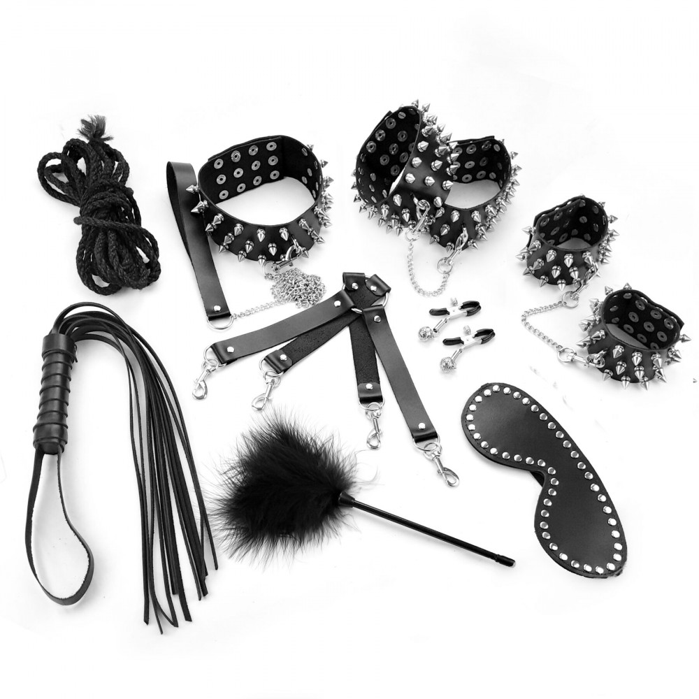 Наборы для БДСМ - Набор Art of Sex - Spikes BDSM Set Leather, 10 предметов, натуральная кожа, Черный 3