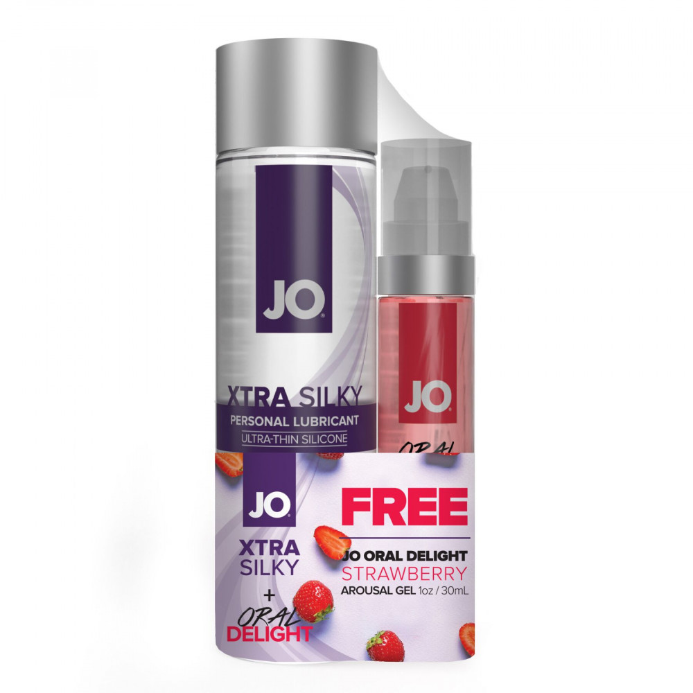 Подарочные наборы - Комплект System JO GWP - Xtra Silky Silicone (120 мл) & Oral Delight - Strawberry (30 мл)