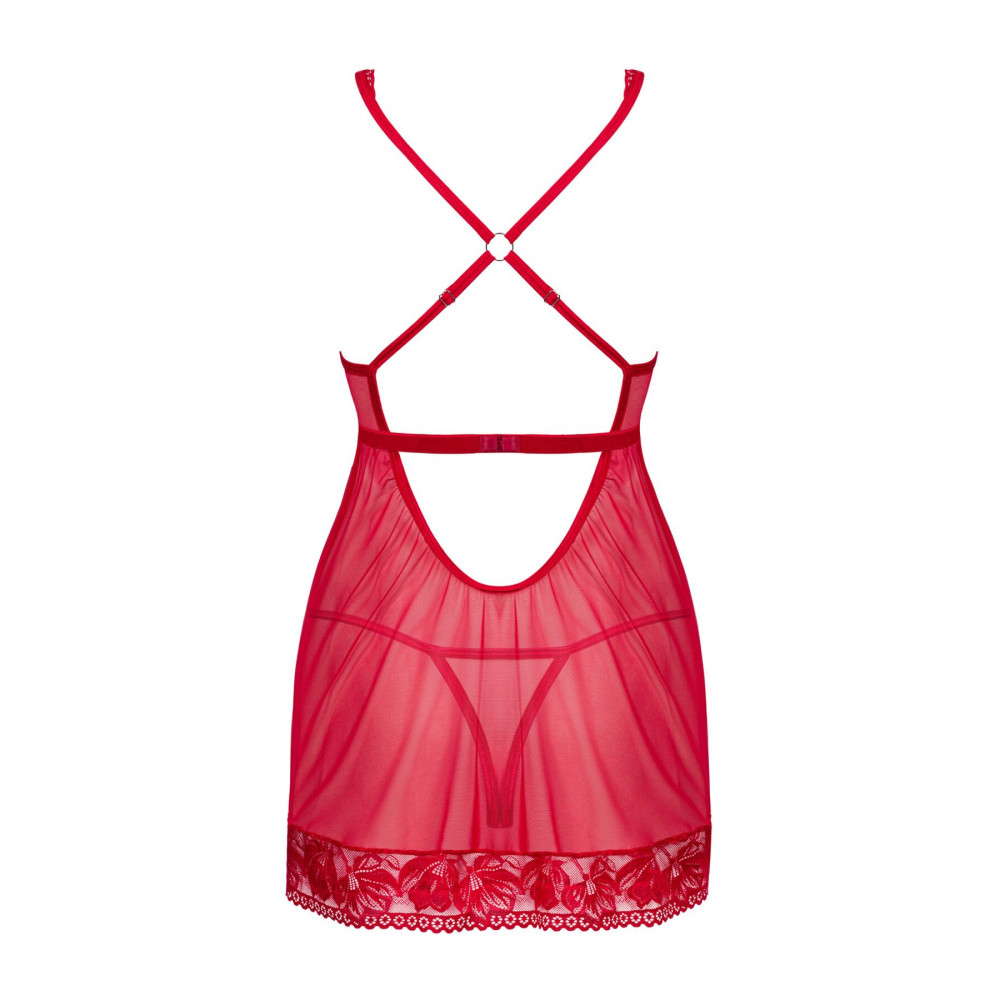 Эротические пеньюары и сорочки - Прозрачная сорочка бэби-долл Obsessive Lacelove babydoll & thong XS/S Red, кружево, стринги 4