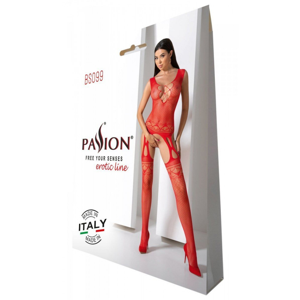 Бодистокинг - Бодистокинг с плетением на груди Passion BS099 One Size, red, открытый доступ, имитация подвязок 4