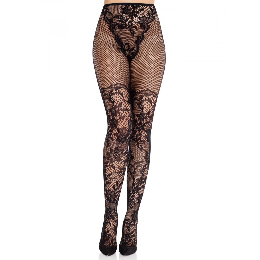 Чулки - Колготки Leg Avenue Dahlia Lace Tights with Net Thigh Detail One Size