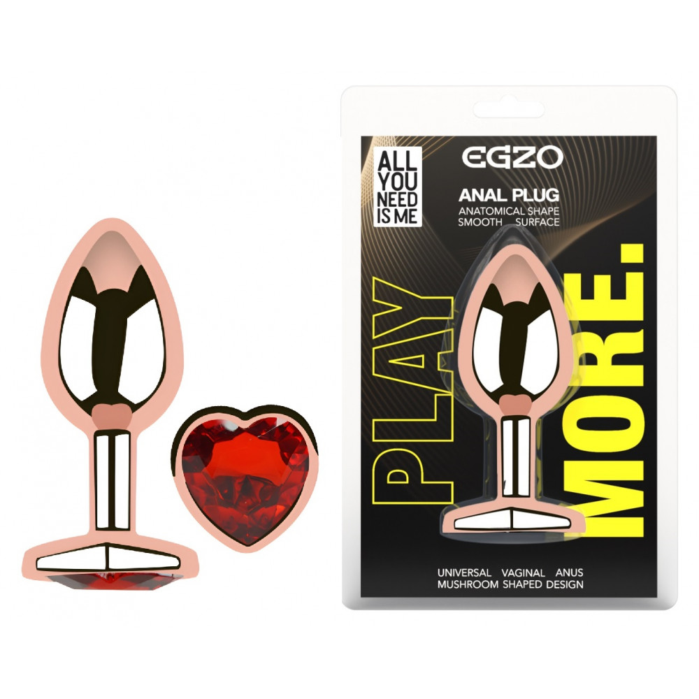 Анальные игрушки без вибрации - Анальная пробка с кристаллом EGZO - Rose Gold Heart Plug Red size S
