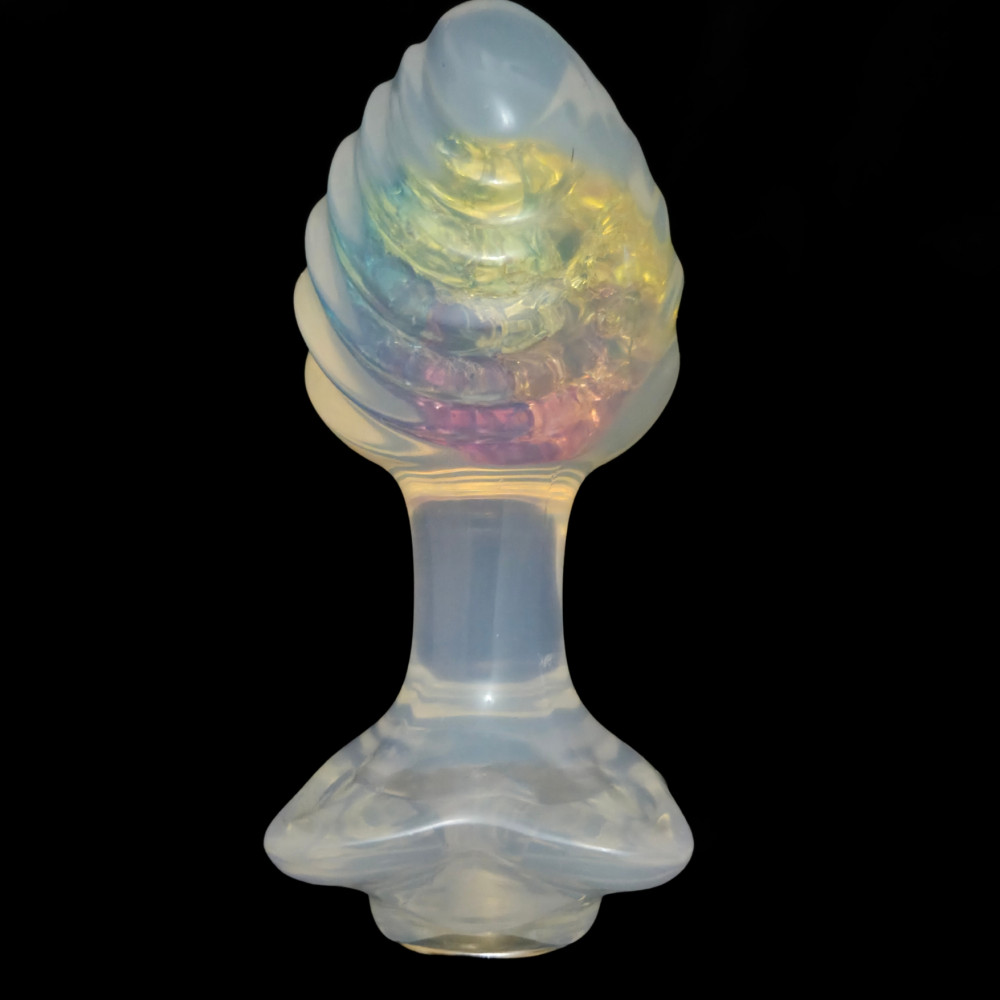 Анальные игрушки без вибрации - Анальная пробка ребристая UNIVIBE с камнем, силиконовая, радужная, 9 х 4.2 см 12