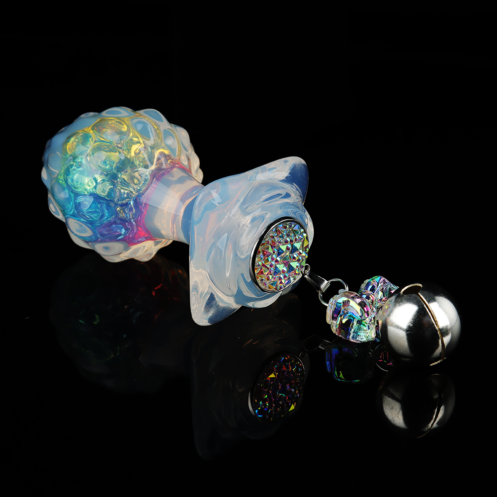 Анальные игрушки без вибрации - Анальная пробка ребристая UNIVIBE с камнем, силиконовая, радужная, 9 х 4.2 см 7