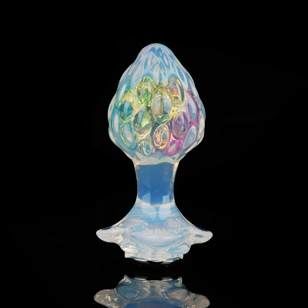 Анальные игрушки без вибрации - Анальная пробка ребристая UNIVIBE с камнем, силиконовая, радужная, 9 х 4.2 см 1