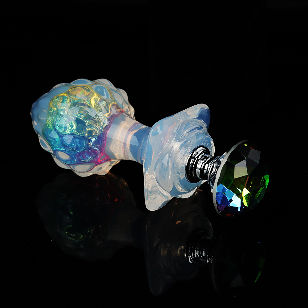 Анальные игрушки без вибрации - Анальная пробка ребристая UNIVIBE с камнем, силиконовая, радужная, 9 х 4.2 см 6