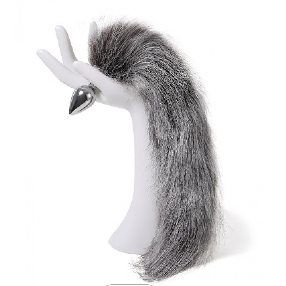 Анальный хвост - Анальная пробка с хвостом Anal plug faux fur fox tail light grey polyeste