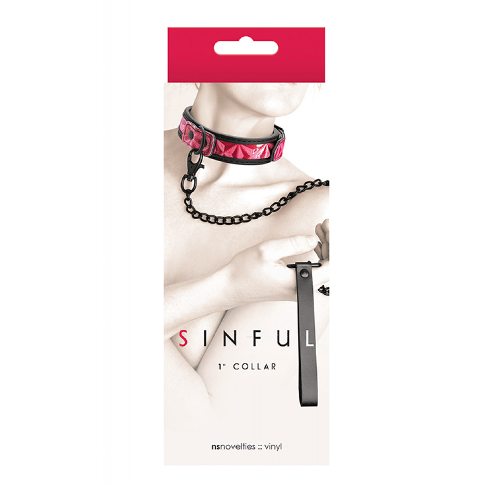 Ошейники, поводки - Ошейник с поводком NS Novelties SINFUL 1INCH COLLAR PINK 1