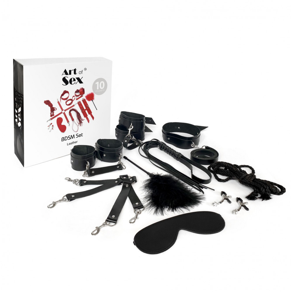 Наборы для БДСМ - Набор Art of Sex - BDSM Set Leather, 10 предметов, натуральная кожа, Черный 2