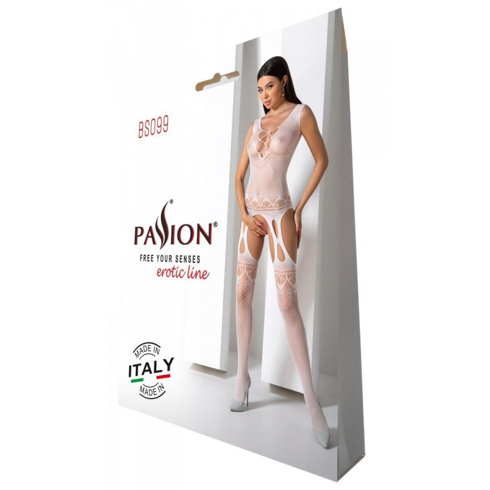 Бодистокинг - Бодистокинг с плетением на груди Passion BS099 One Size, white, открытый доступ, имитация подвязок 4