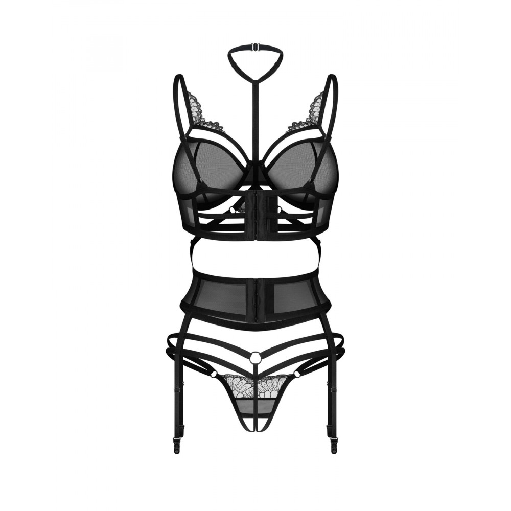 Еротичні комплекти - Комплект Obsessive Premisis Black 3-pcs crotchless set S/M 2