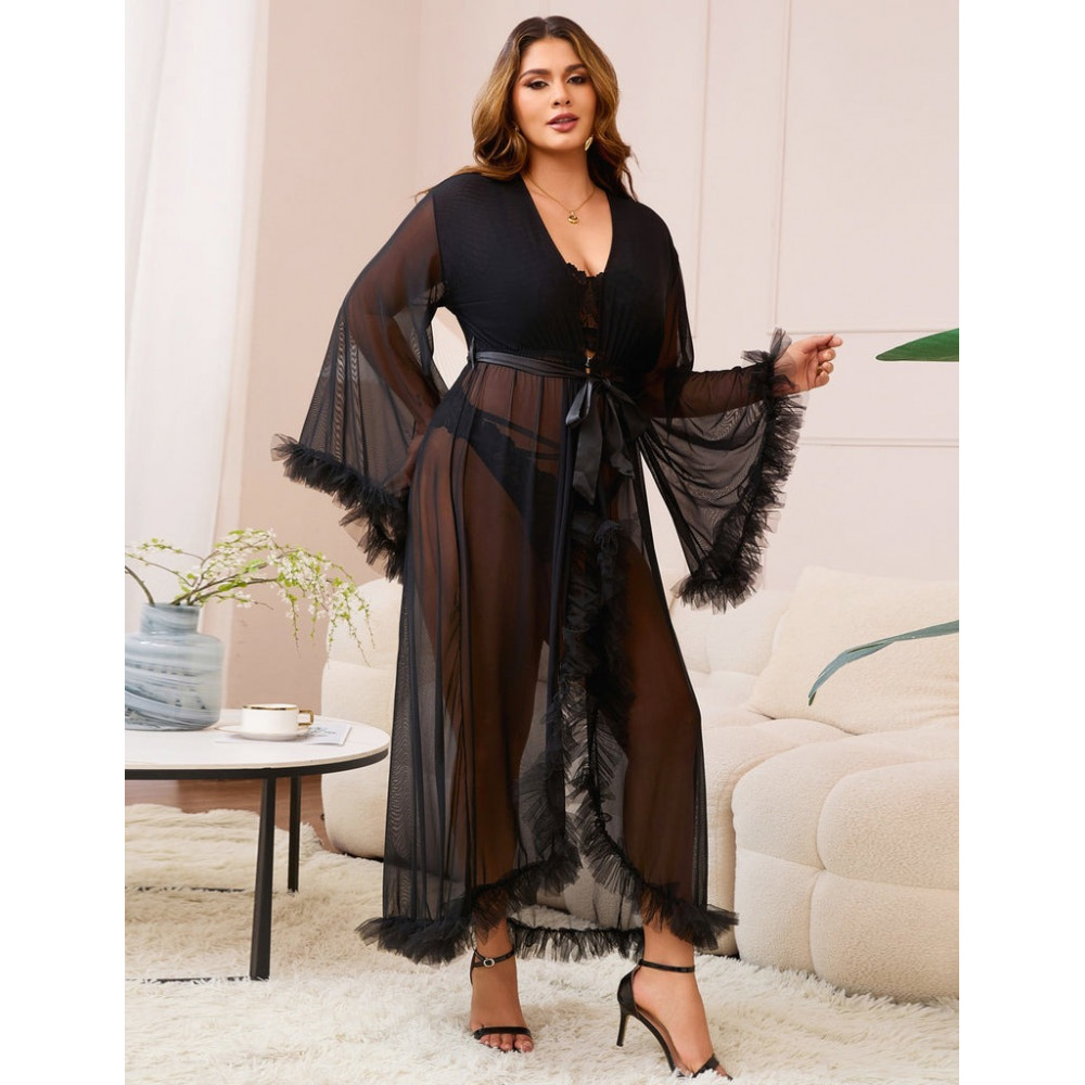 Різне - Халат Star Night з мереживом та поясом, чорний, XS-S 1