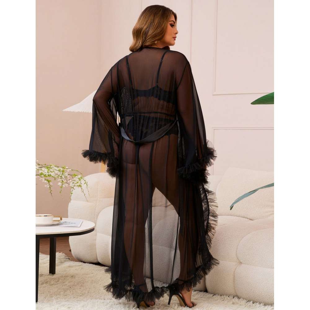 Різне - Халат Star Night з мереживом та поясом, чорний, XS-S 4