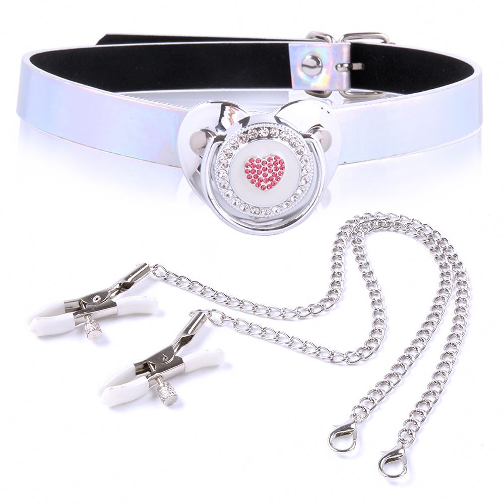 Повязки на глаза, кляпы, зажимы - Кляп в виде соски DS Fetish белый с серебристыми зажимами для сосков 1