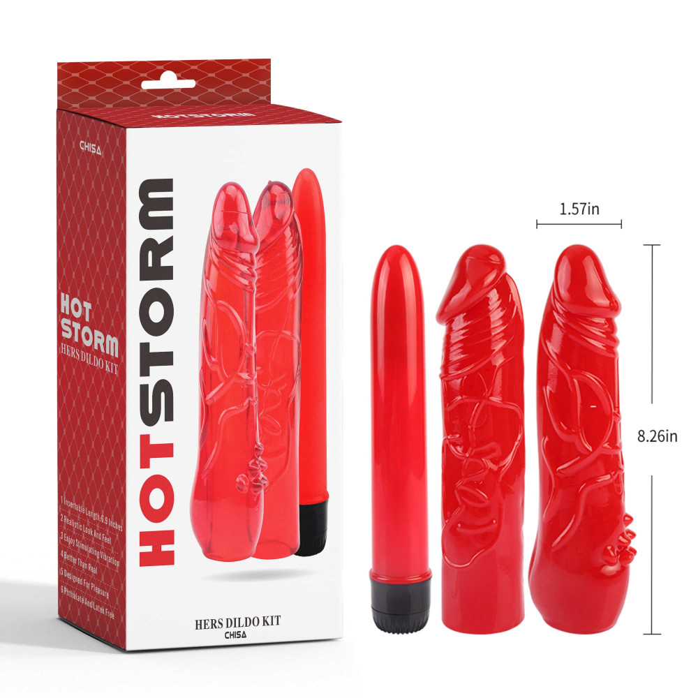  - Набір вібратор + 2 насадки Chisa Hotstorm Hers Dildo Kit червоний 5