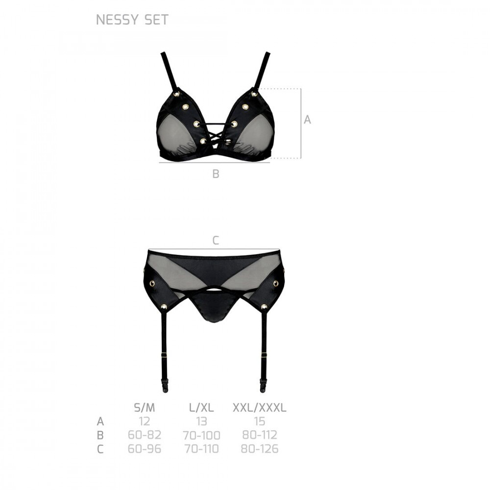 Эротические комплекты - Комплект белья Passion NESSY SET L/XL black, бюстгальтер, пояс для чулок, стринги 1