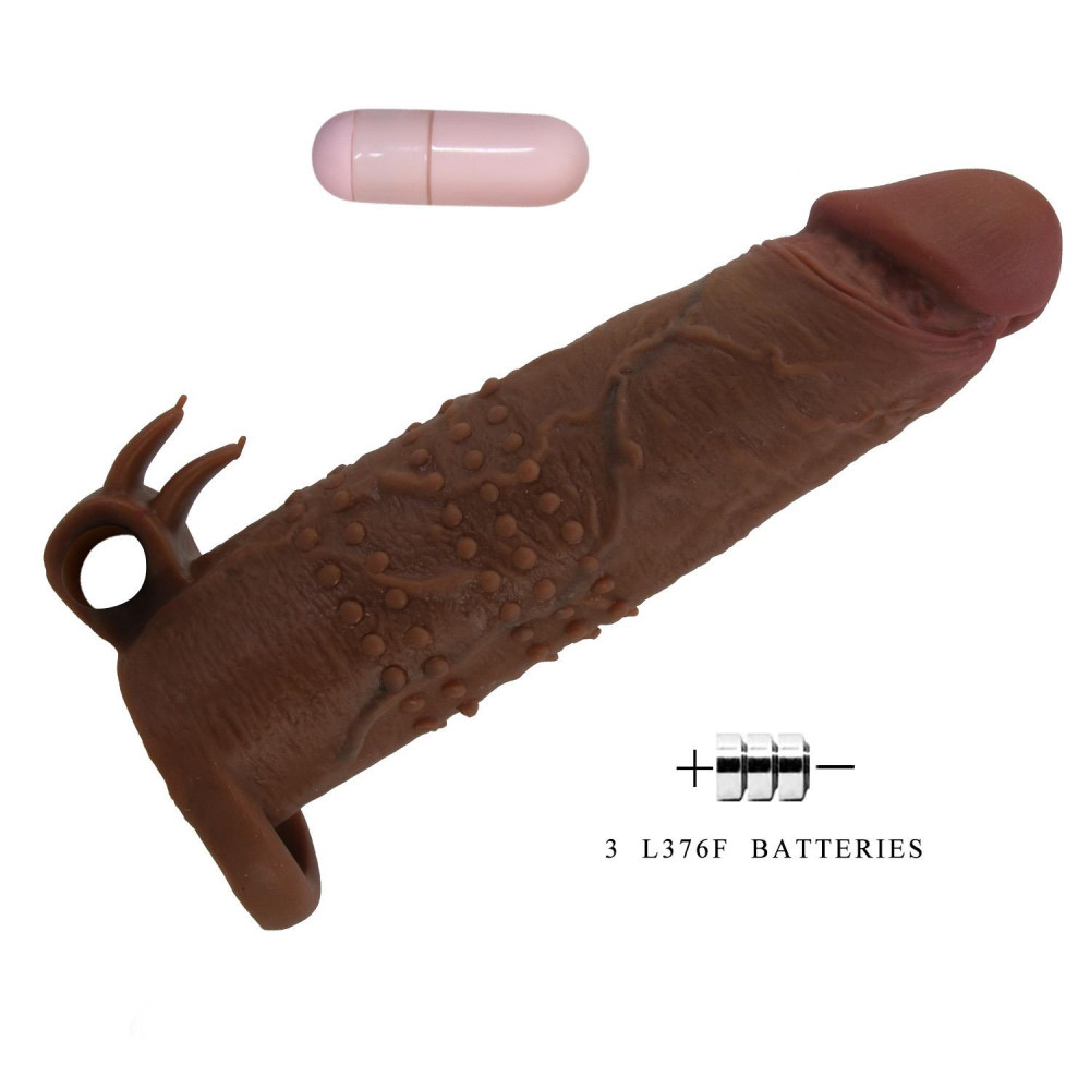  - Подовжуюча насадка з вібростимуляцією Pretty Love - Quillon Vibrating Penis Sleeve Brown, BI-026281Z-1 5