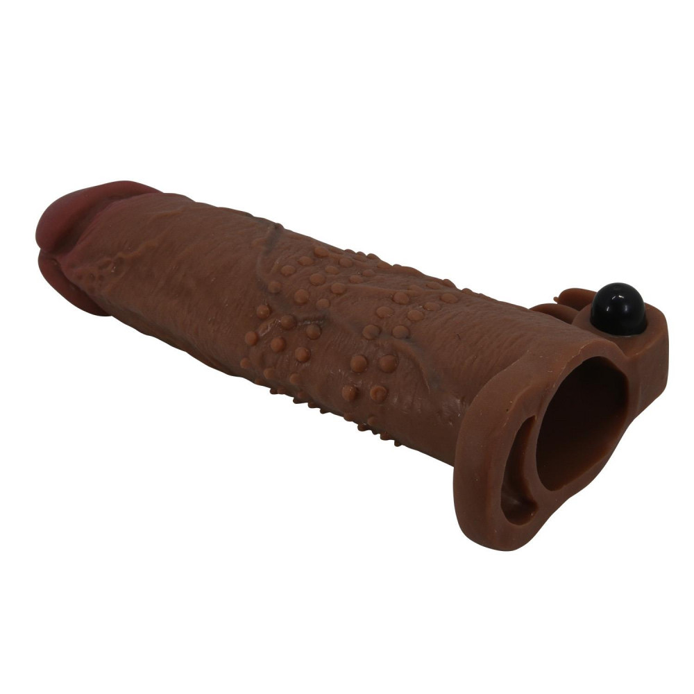  - Подовжуюча насадка з вібростимуляцією Pretty Love - Quillon Vibrating Penis Sleeve Brown, BI-026281Z-1 4