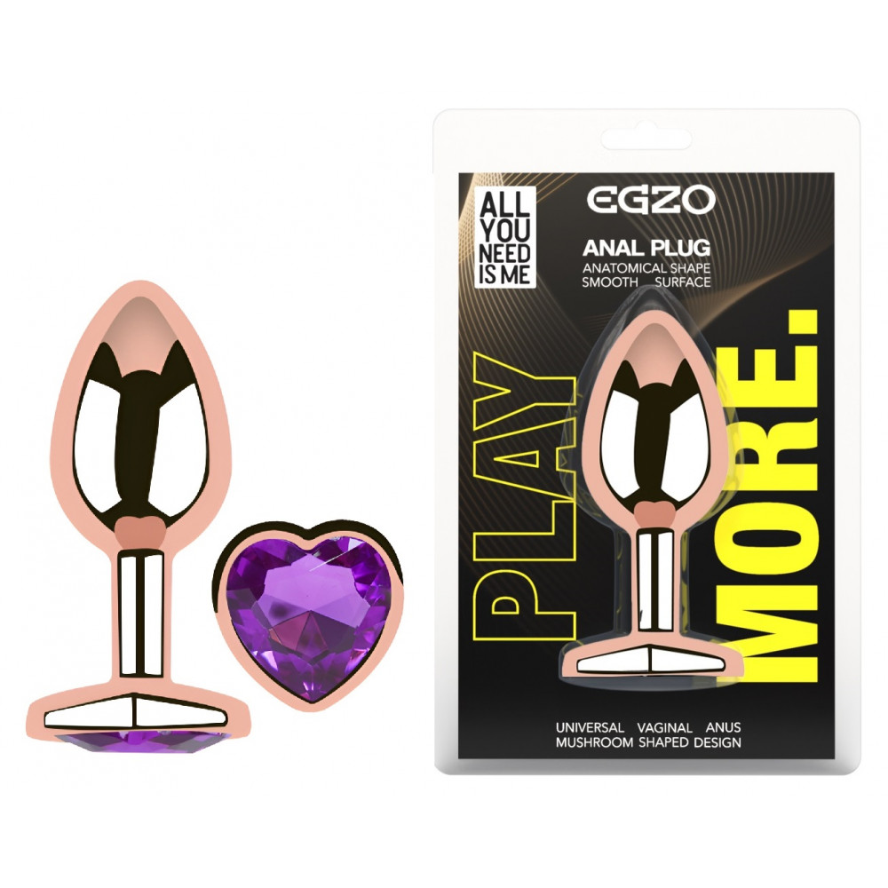 Анальные игрушки без вибрации - Анальная пробка с кристаллом EGZO - Rose Gold Heart Plug Purple size S