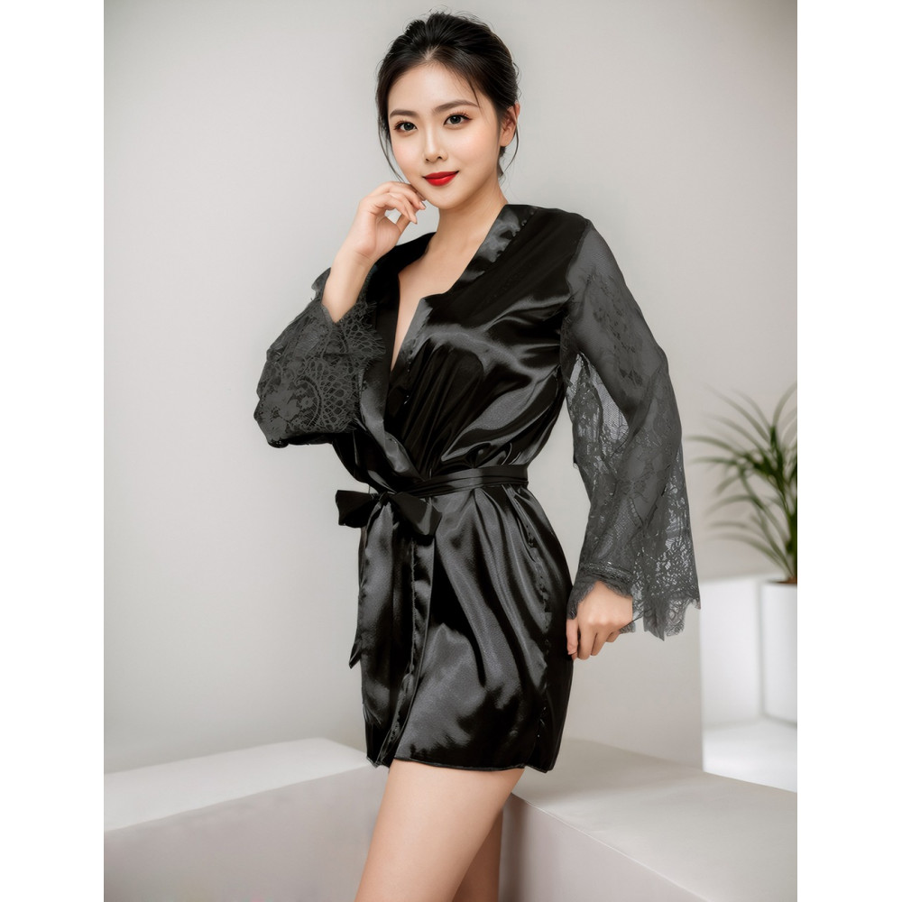 Різне - Халат чорний під пояс та довгими мереживними рукавами Star Night стрінги в комплекті, XS/S 1