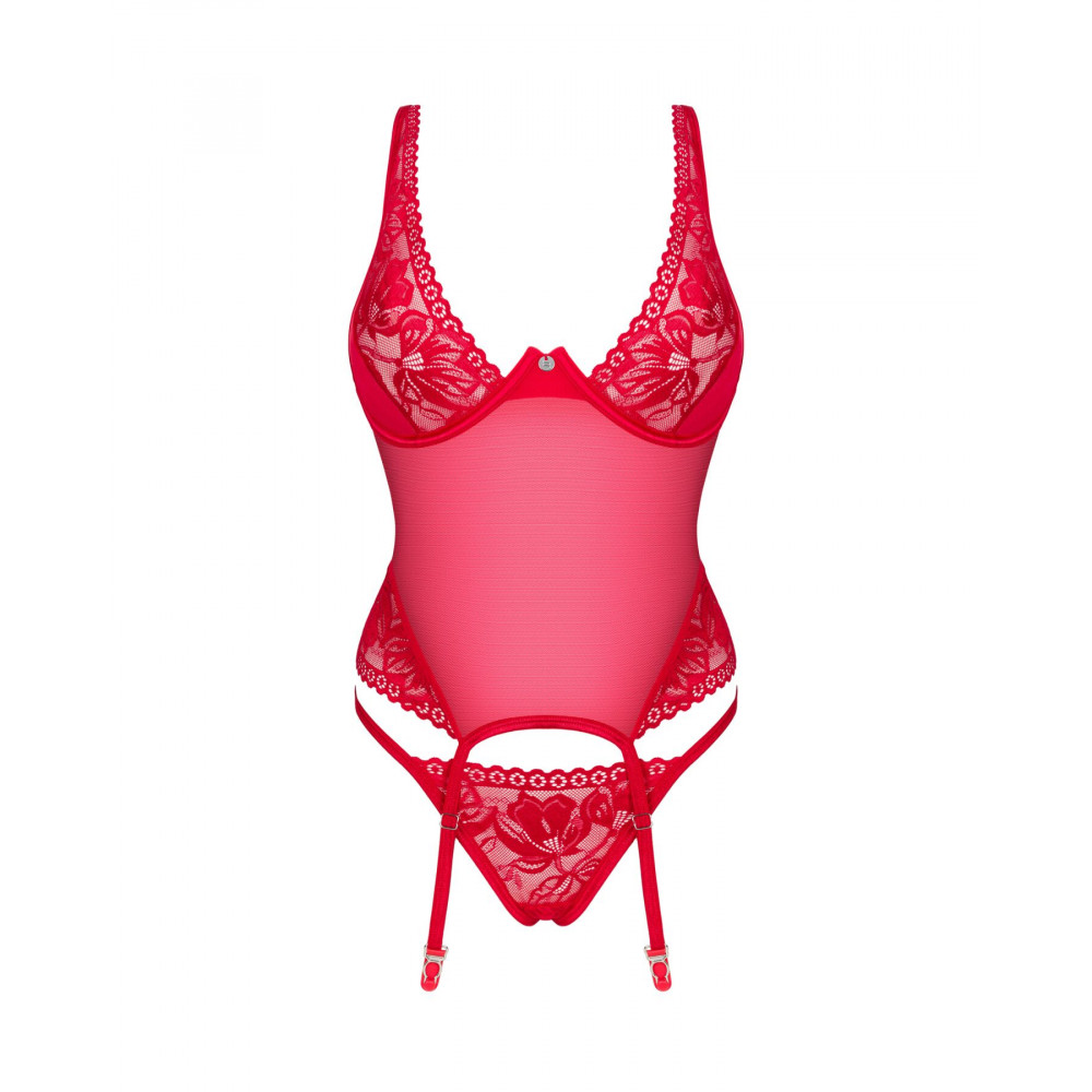Эротические корсеты - Прозрачный корсет Obsessive Lacelove corset XS/S Red, кружево, подвязки для чулок 5