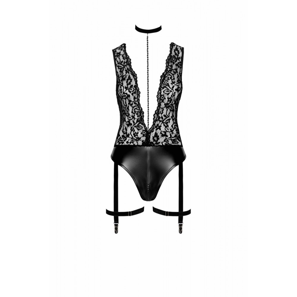 Эротическое боди - Боди Noir Handmade F297 Libido Deep-V bodysuit with collar, pearl chain and garter - 3XL 3