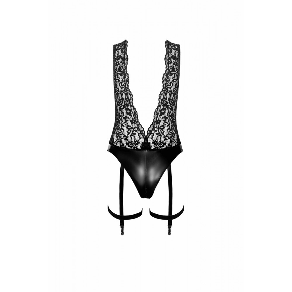 Эротическое боди - Боди Noir Handmade F297 Libido Deep-V bodysuit with collar, pearl chain and garter - 3XL 4