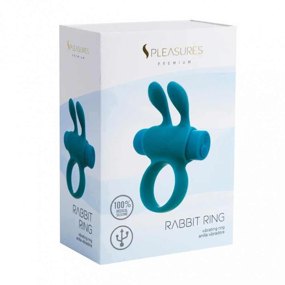 Эрекционные кольца с вибрацией - Эрекционное виброкольцо S Pleasures Premium Rabbit Ring бирюзовое, со съемной вибропулей и ушками 3