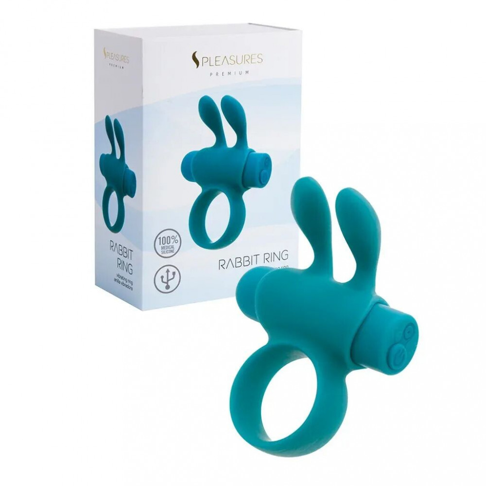 Эрекционные кольца с вибрацией - Эрекционное виброкольцо S Pleasures Premium Rabbit Ring бирюзовое, со съемной вибропулей и ушками 1