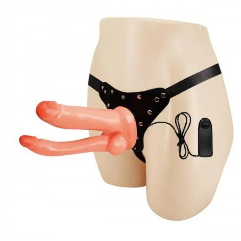 Страпони - Жіночий подвійний страпон з вібрацією Baile Ultra Passionate, беж 2