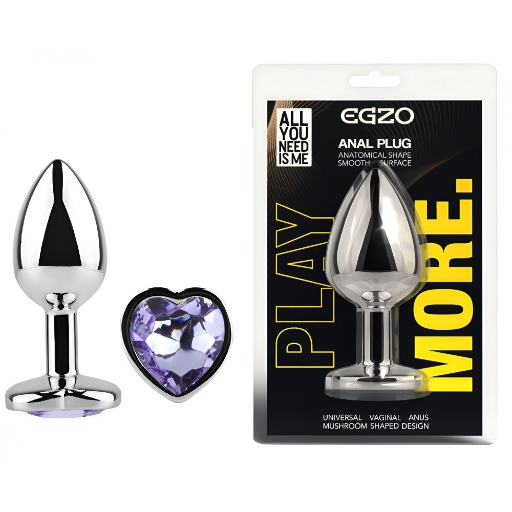 - Анальная пробка с кристаллом EGZO - Silver Heart Plug Amethyst size S