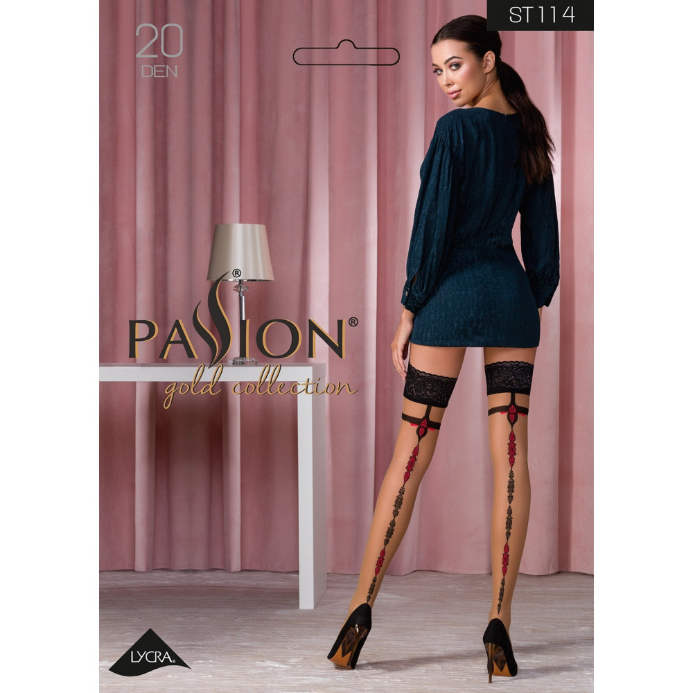 Разное - Чулки кружевные ST114 бежевые с черно-красным узором, 5 (20 den) - Passion 2