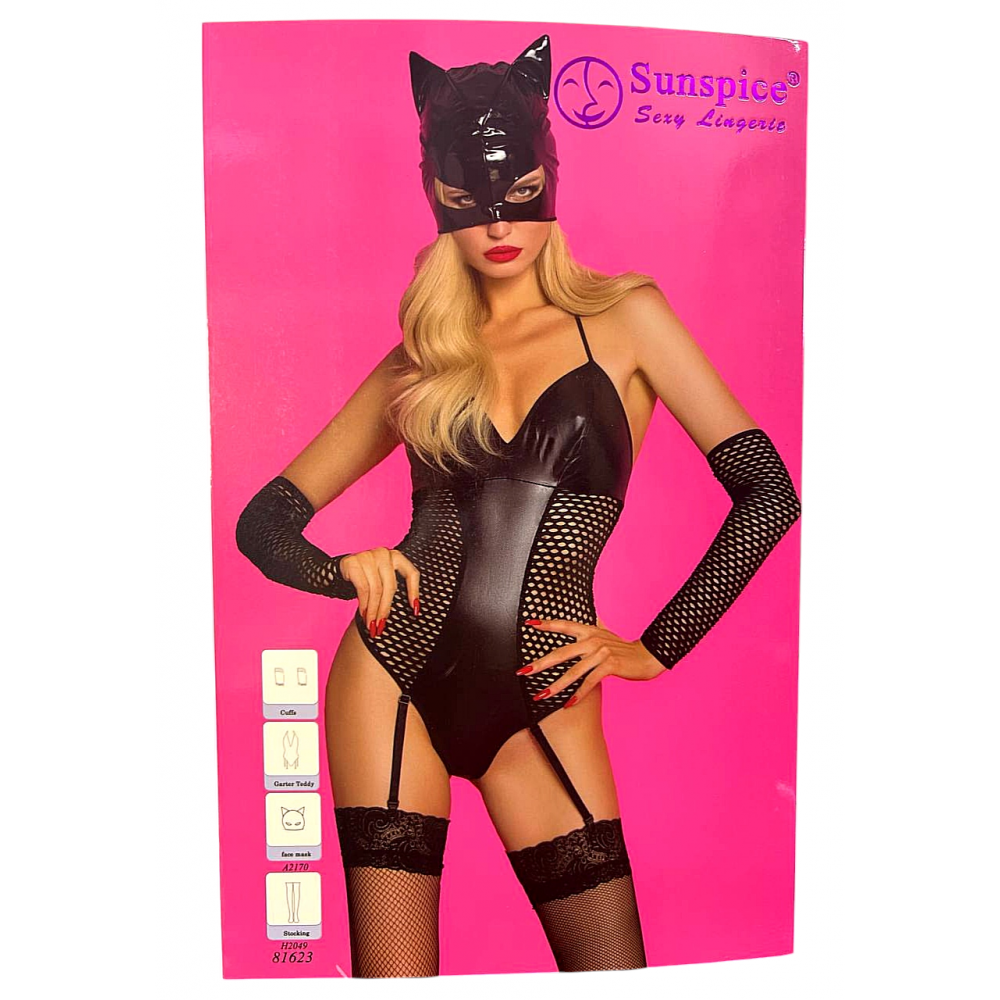  - Костюм Кошечки Sunspice боді з підв'язками, маска, рукава, панчохи, чорний, L/XL 4