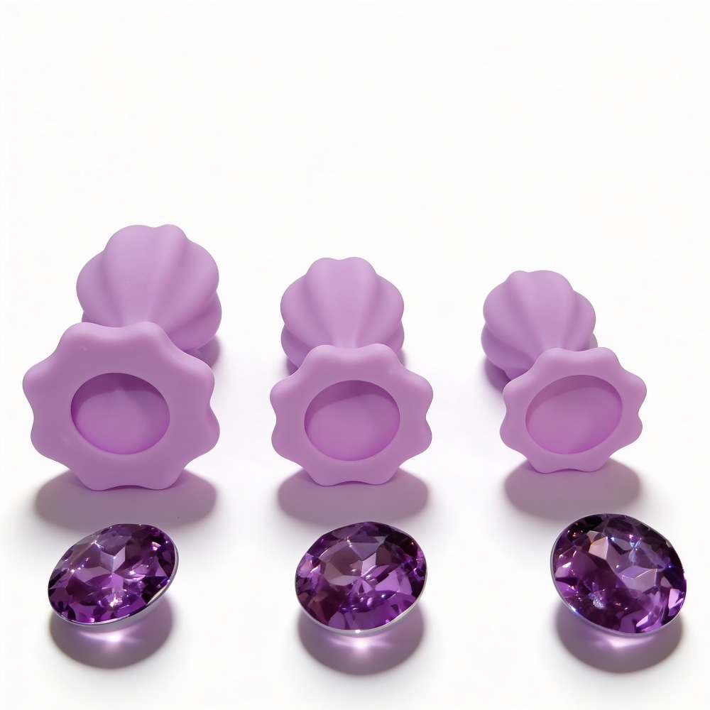 Анальні іграшки без вібрації - Набір силіконових анальних рельєфних пробок ALUME, S, M, L, з каменем лілового кольору, 3 шт 2