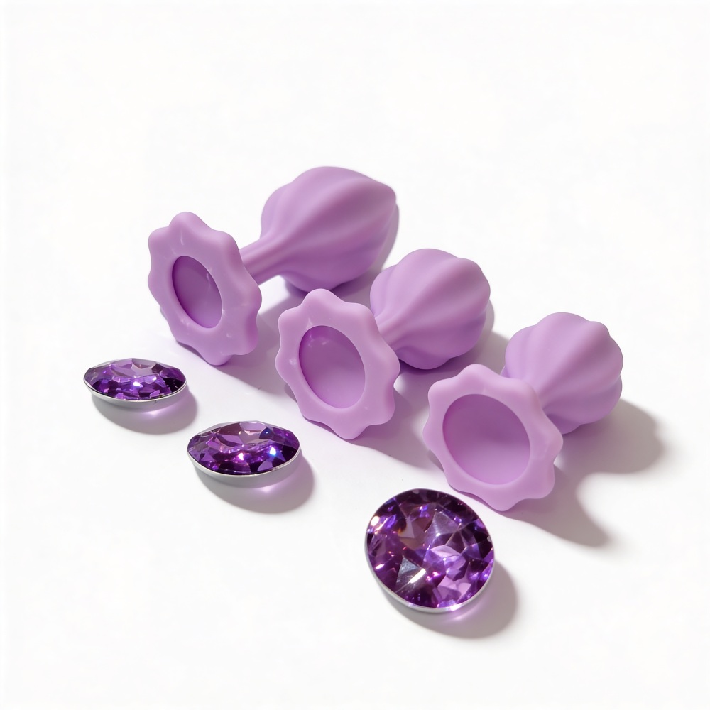 Анальні іграшки без вібрації - Набір силіконових анальних рельєфних пробок ALUME, S, M, L, з каменем лілового кольору, 3 шт 3