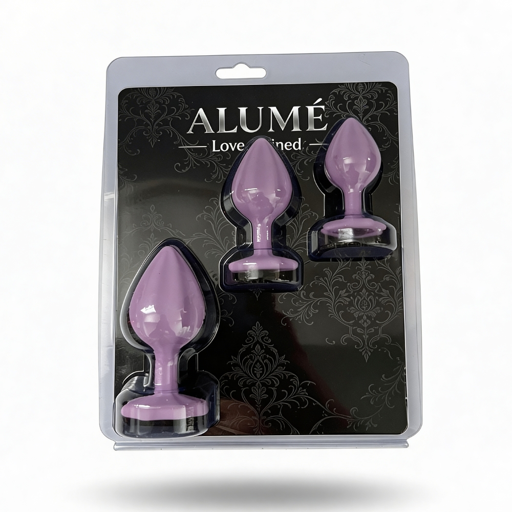 Анальні іграшки без вібрації - Набір силіконових анальних рельєфних пробок ALUME, S, M, L, з каменем лілового кольору, 3 шт 1