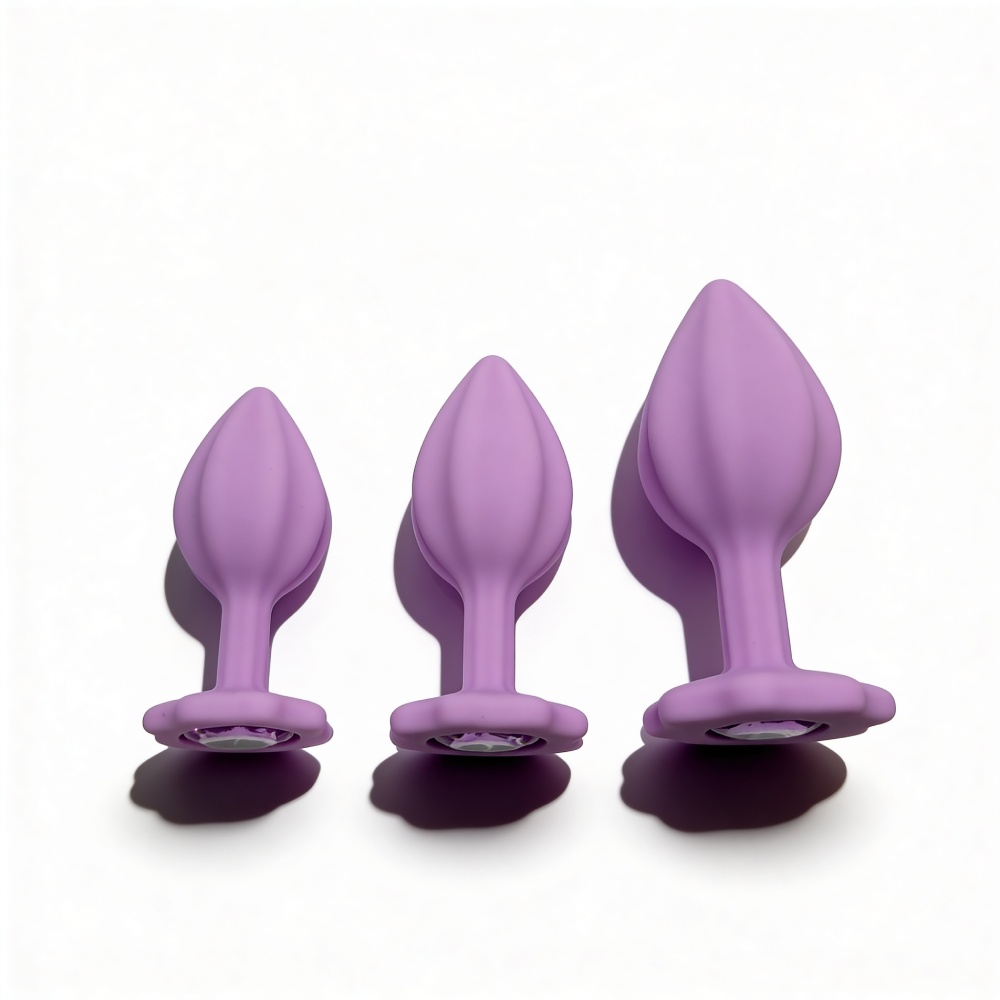 Анальні іграшки без вібрації - Набір силіконових анальних рельєфних пробок ALUME, S, M, L, з каменем лілового кольору, 3 шт 5