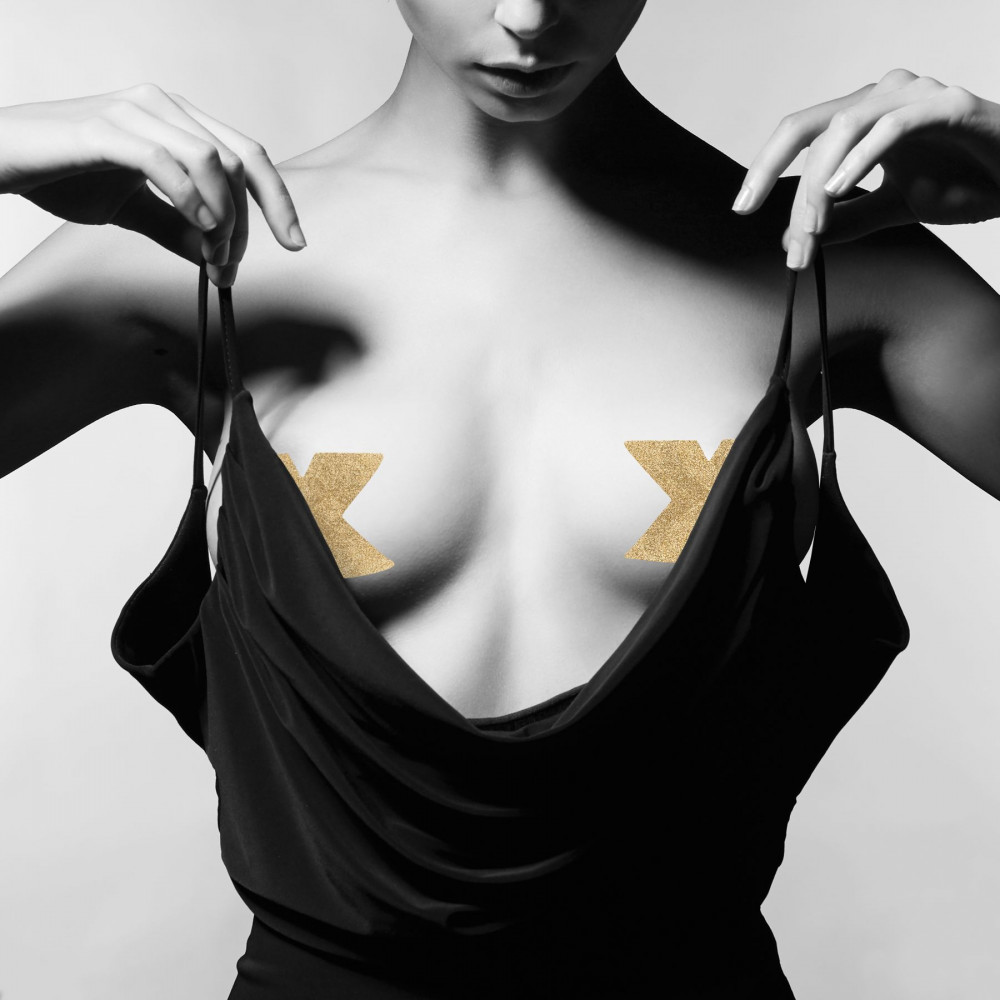 Интимные украшения - Пэстис - стикини Bijoux Indiscrets - Flash Cross Gold, наклейки на соски 1