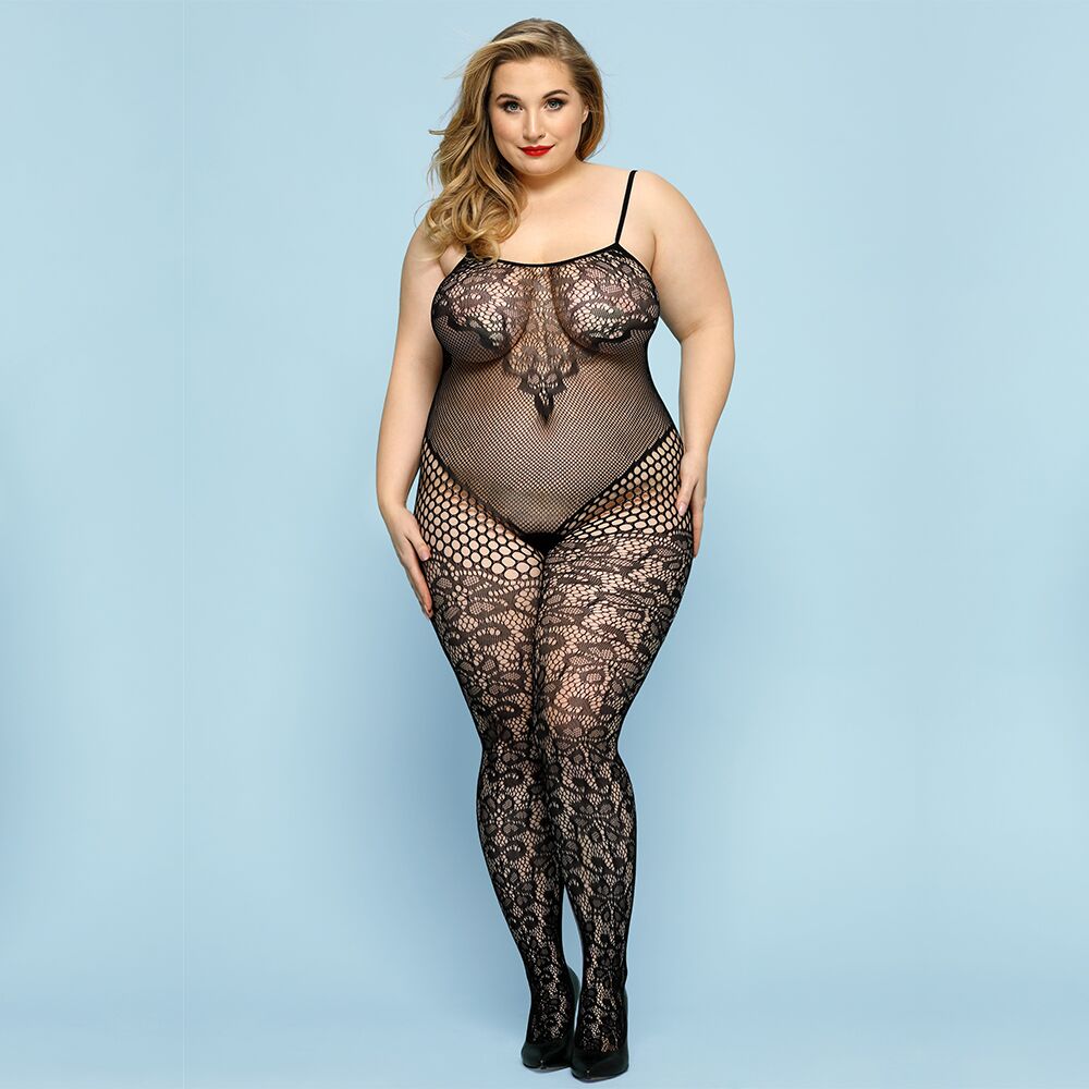 Бодистокинг - Откровенный бодистокинг JSY «Роковая Скарлет» Plus Size, Black, имитация боди, кружево, доступ