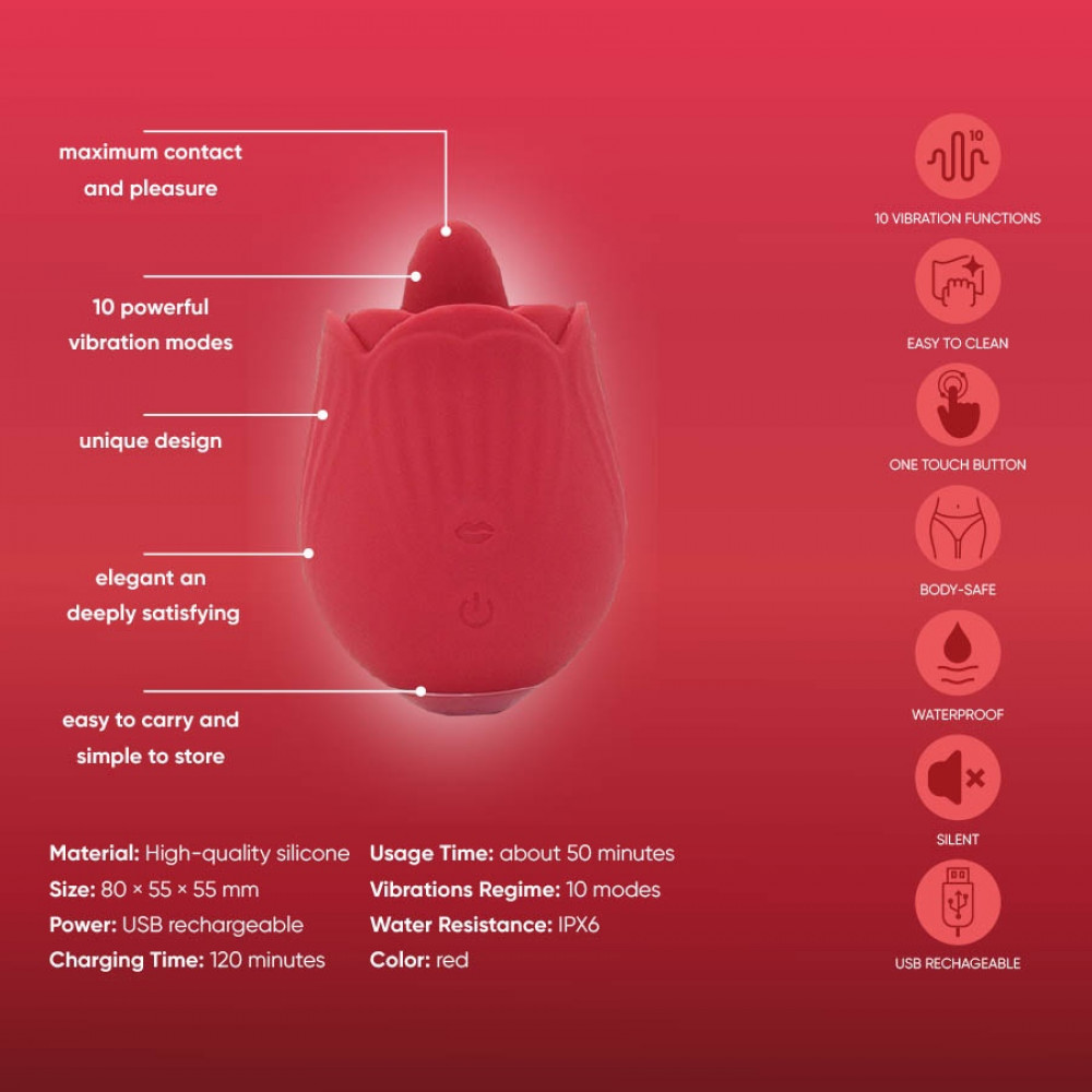 Різне - Вібратор трояндочка з язичком Sweet Em, 10 режимів , червоний 10