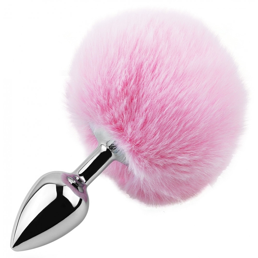 Анальные игрушки без вибрации - Анальная пробка с хвостом EGZO - Bunny Tail Silver Plug Pink, size S
