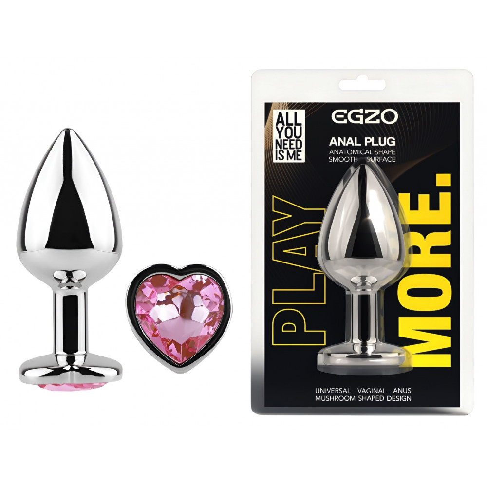 - Анальная пробка с кристаллом EGZO - Silver Heart Plug Pink size M
