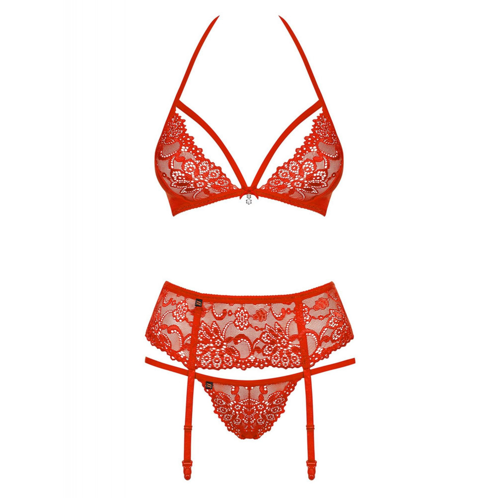 Разное - Комплект белья из красного кружевного гипюра из 3-х предметов Obsessive Adore 838, размер S/M 4