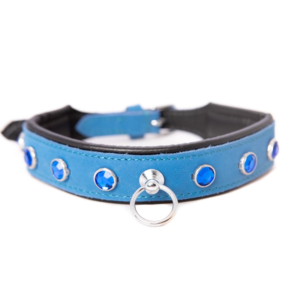 Разное - Ошейник со стразами тонкий DS Fetish кожаный, голубой (Голландия)