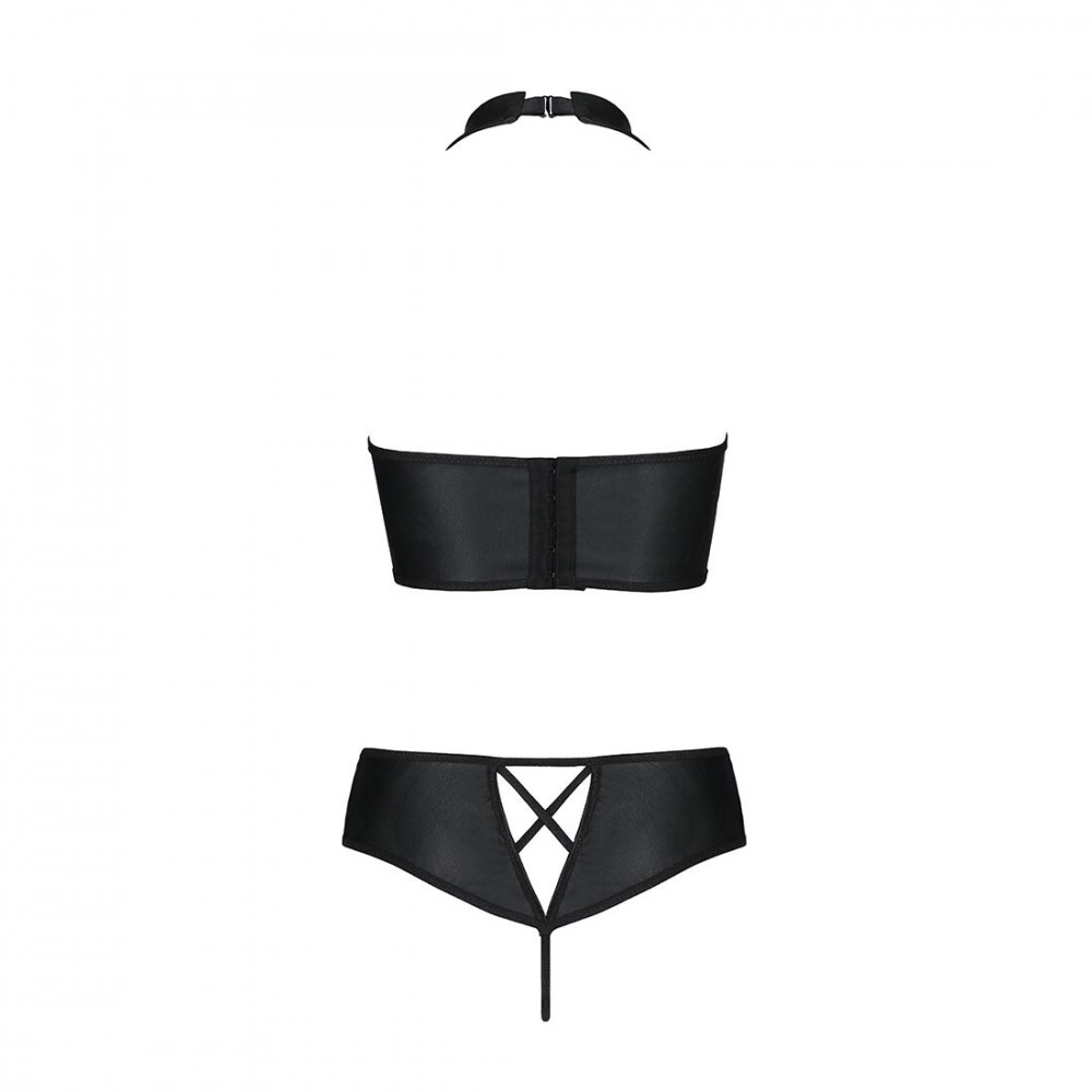 Эротические комплекты - Комплект из эко-кожи Nancy Bikini black L/XL - Passion, бра и трусики с имитацией шнуровки 2