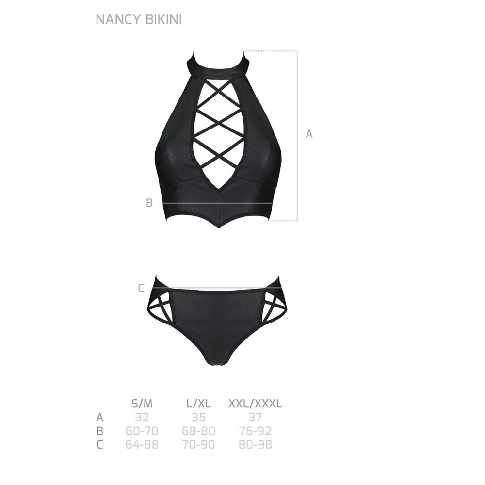 Эротические комплекты - Комплект из эко-кожи Nancy Bikini black L/XL - Passion, бра и трусики с имитацией шнуровки 1