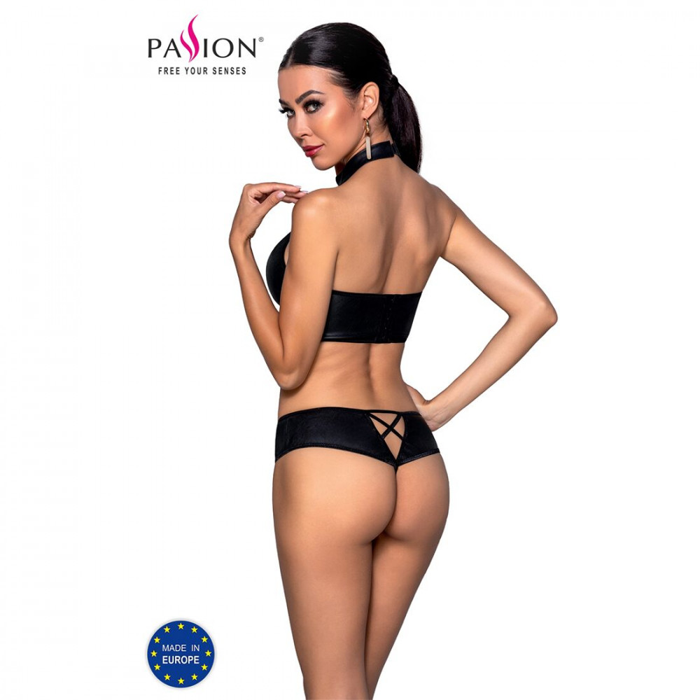 Эротические комплекты - Комплект из эко-кожи Nancy Bikini black L/XL - Passion, бра и трусики с имитацией шнуровки 6