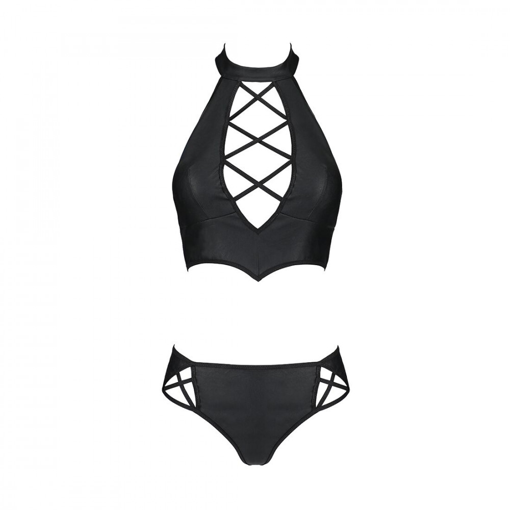 Эротические комплекты - Комплект из эко-кожи Nancy Bikini black L/XL - Passion, бра и трусики с имитацией шнуровки 3