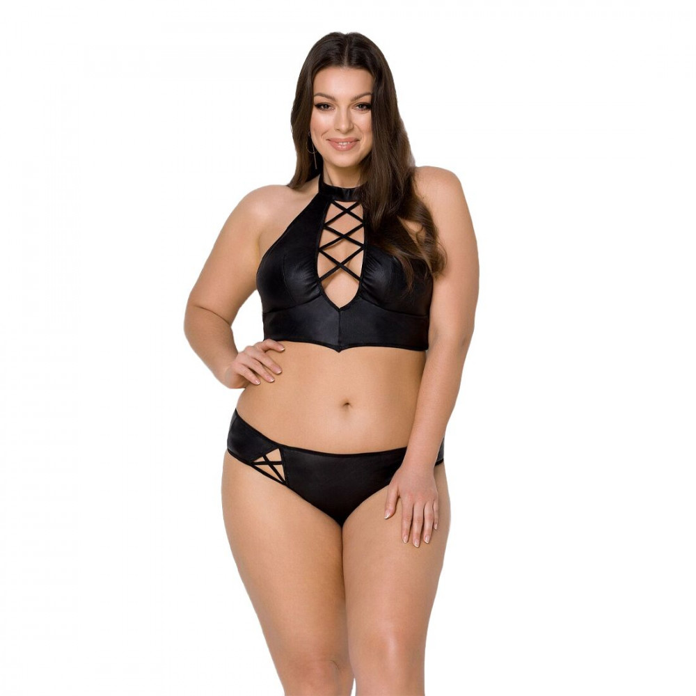 Эротические комплекты - Комплект из экокожи Passion Nancy Bikini 4XL/5XL black, бра и трусики с имитацией шнуровки